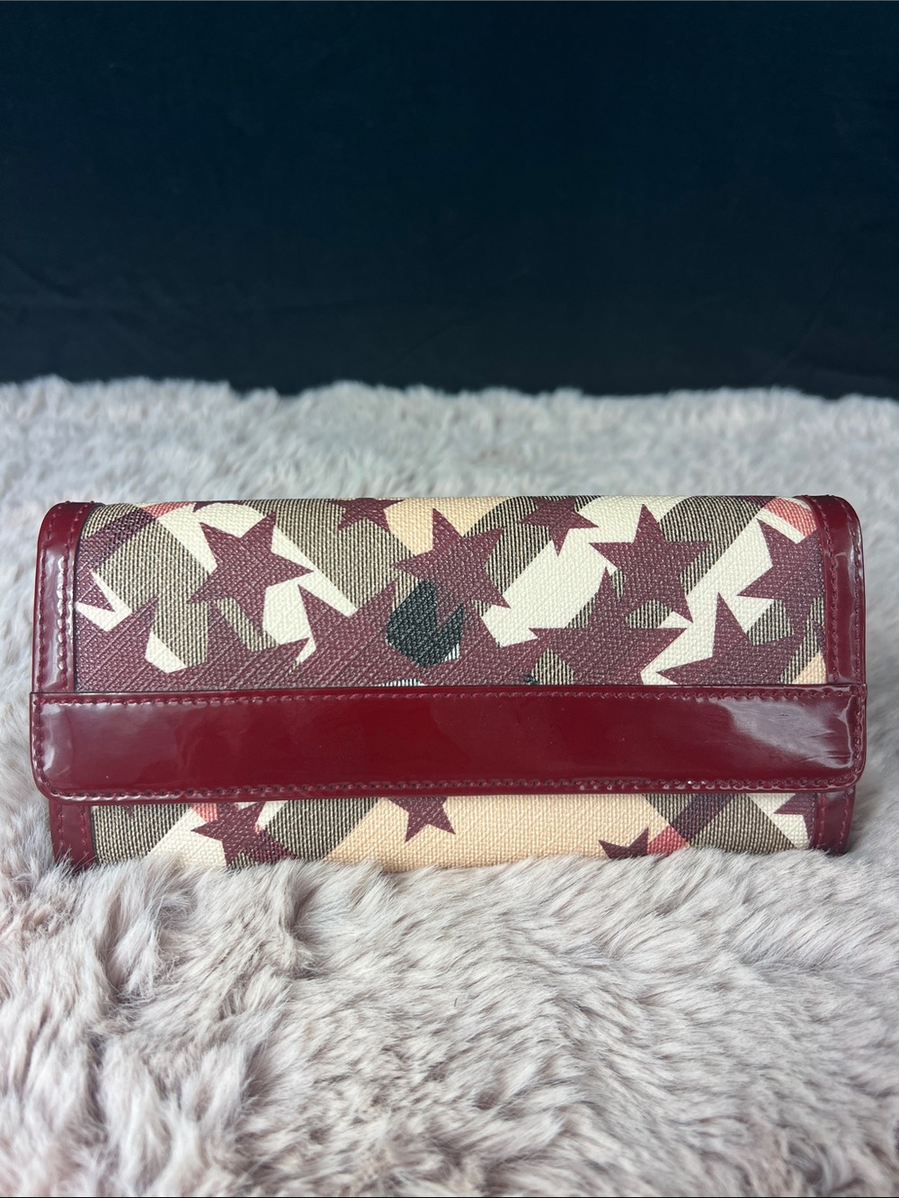 Burberry Supernova Check Stars Continental Wallet Burgundy Patent Leather | COA
